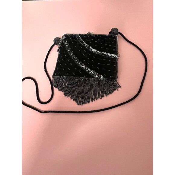 Vintage Black Beaded Evening Purse With Fringe & Long Strap - Picture 5 of 7